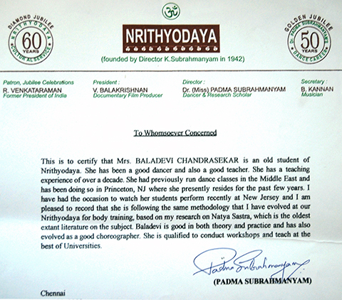 Padma Subrahmanyam Bala Devi Chandrashekar New Jersey State Proclamation - Baladevi - Bharatanatyam Teacher New Jersey